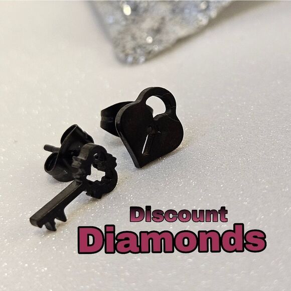 Black Titanium Lock and Key Stud Pushback Earrings. - Picture 4 of 14